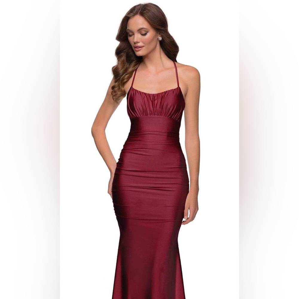 La Femme 29873 Strappy Open Back Shiny Jersey Fitted Gown - Picture 3 of 11